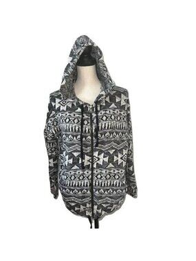 American Eagle Hooded Sweater Womens M Black/White Aztec Drawstring Hem